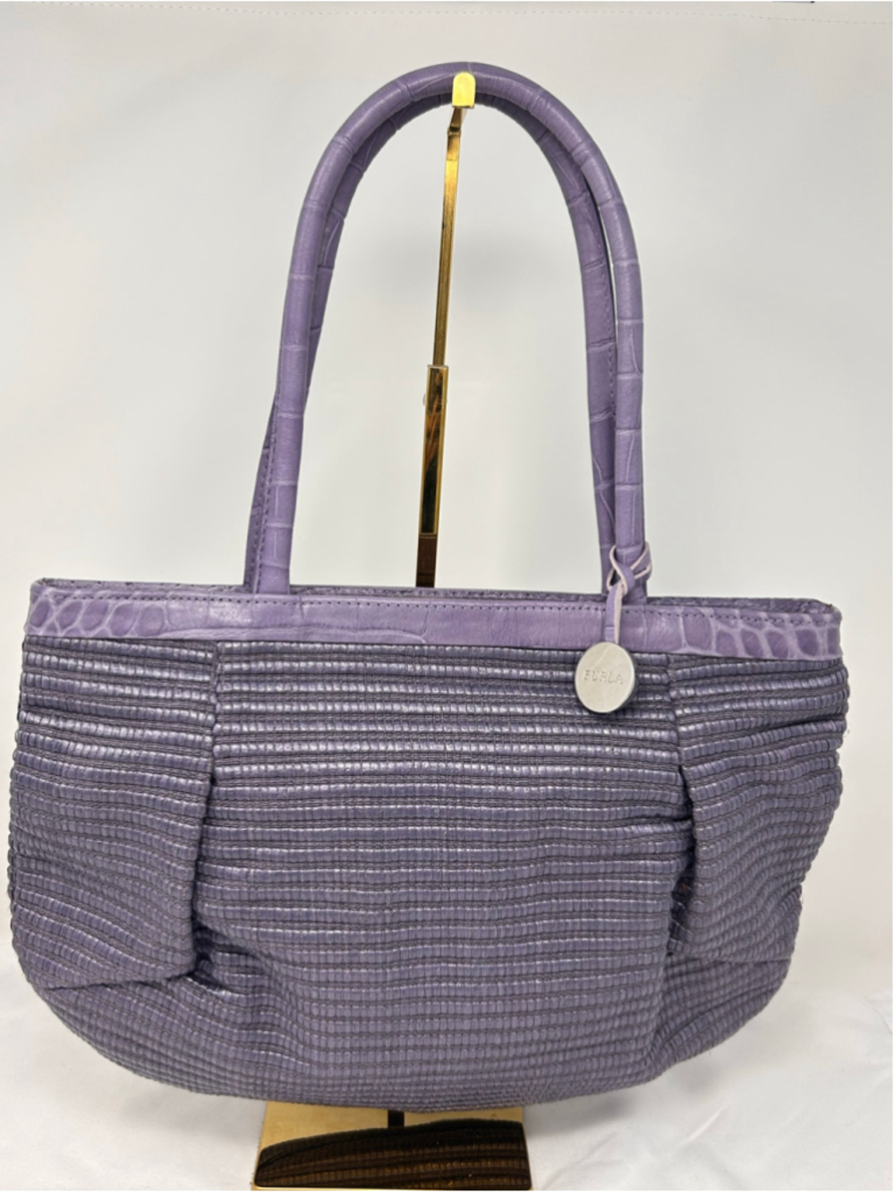 Furla Lavender Textured Ribbed Tote Bag Crocodile Embossed Trim Silver Charm